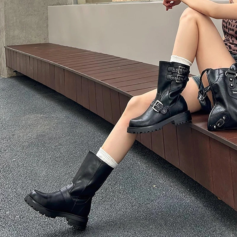 Retro womens western cowboy boots fashionable buckle shoes autumn thick boots womens knight mid calf boots 241018