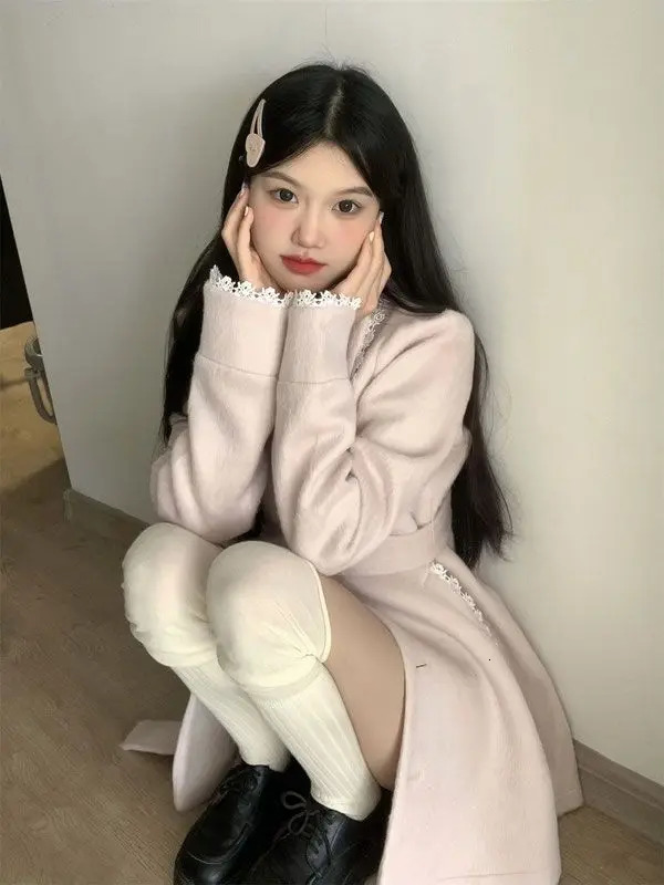 Korean fashion doll collar pink wool coat womens winter dress sweet warm waist weight loss medium long wool jacket 241019
