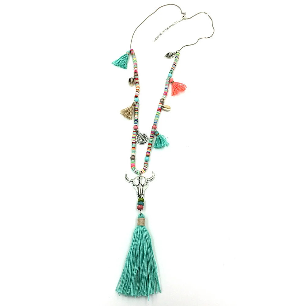 Bohemia chic necklace Xizang buffalo head cow head pendant necklace pink cotton tassel pendant polymer clay chain necklace 241018