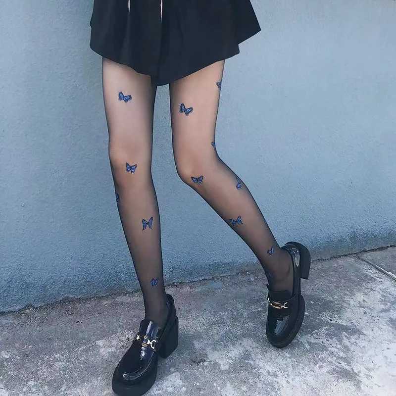 Socks Hosiery Women Girls Blue Butterfly Print Pantyhose Summer S-Through Ultra-Thin Sexy Silky Tights Japanese Lolita Seamless Stockings Y240833087S1