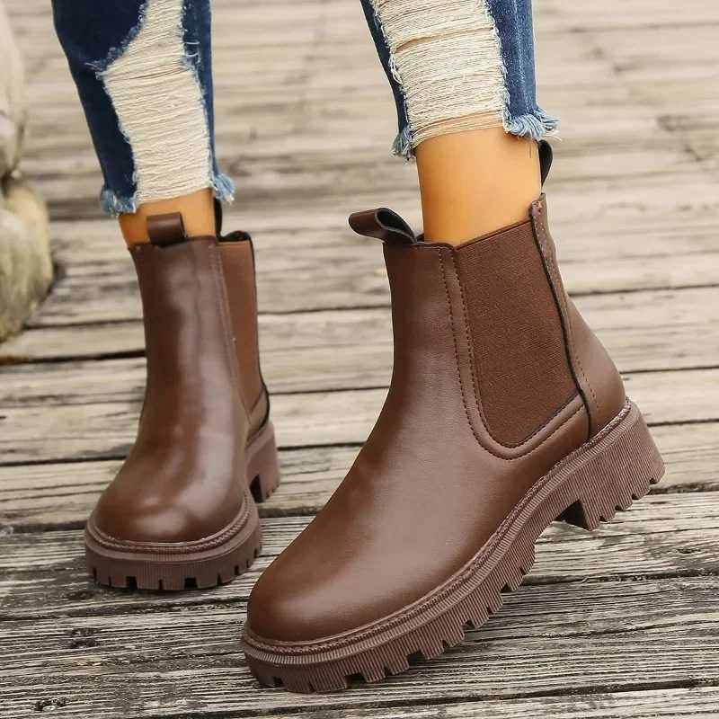 i Boots Womens 2023 Winter Fashion Round Lace Warm Ankle Boots Womens PU Leather Platform Shoes Y241019