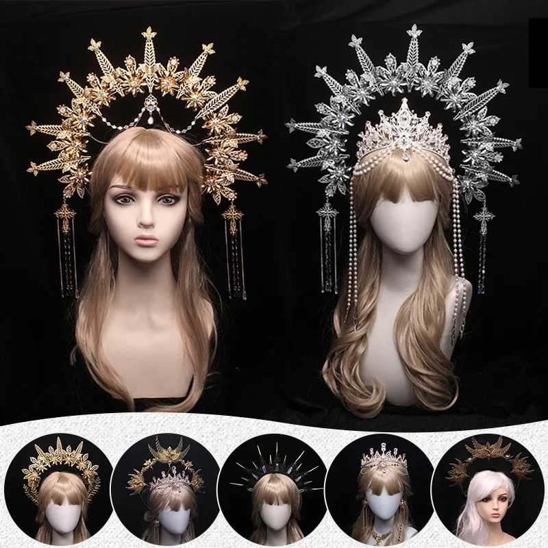Gothic Headband Lolita Crown Tiaras Headband Virgin Mary Headpiece Unfinished Baroque Crown Fairy Goddess Hair Accessories 241018
