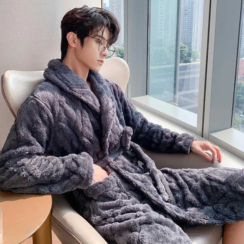 PLUS SIZE 3XL Winter Men Kimono Bathrobe Gown Thickened Flannel Robe Sleepwear Grey Warm Coral Fleece Home Wear Loose LoungewearXJ241018