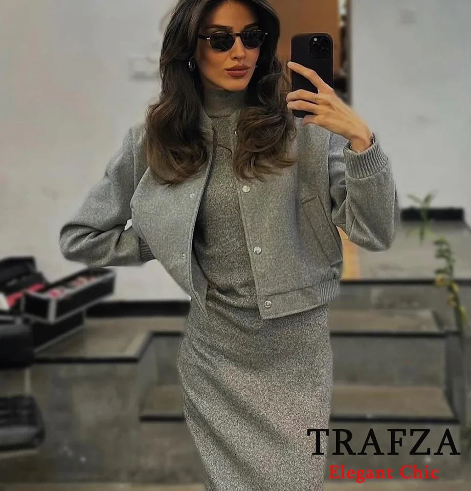 TRAFZA Casual Solid Soft Tweed Jacket Coat Womens Pocket ONeck Buttons Fall Winter Fashion 241019