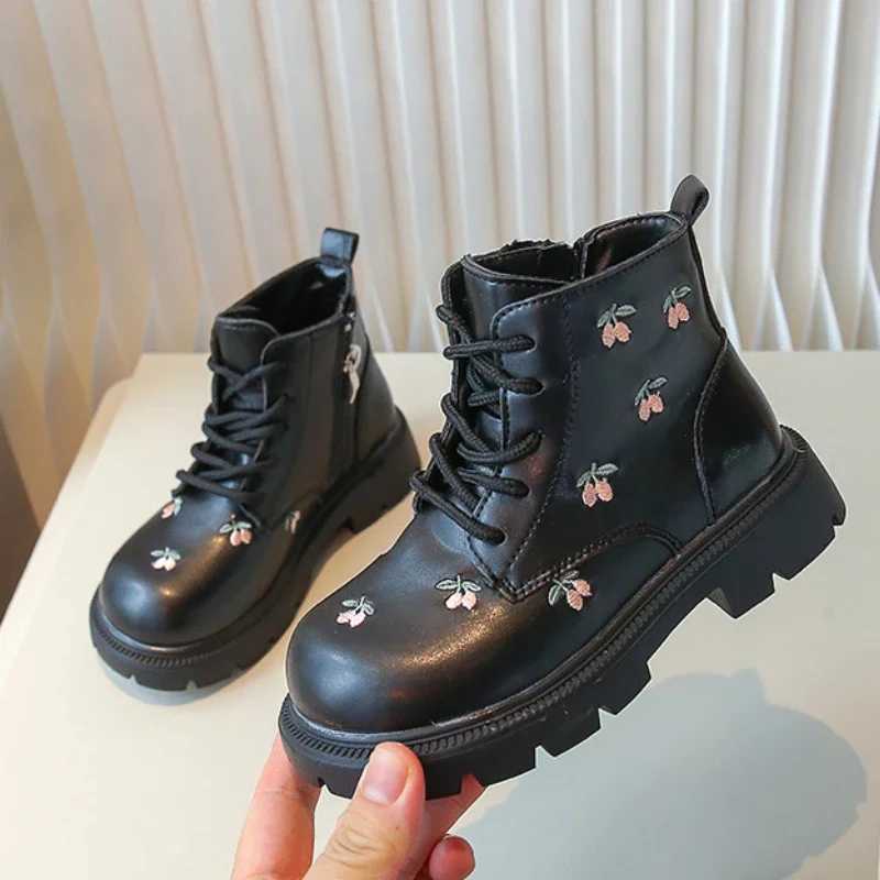 Childrens Boots Fashion Spring Autumn Black Ankle Boots for Girl Leather Elegant Embroider Flower Causal Kids Shoes Side ZipperXJ241206