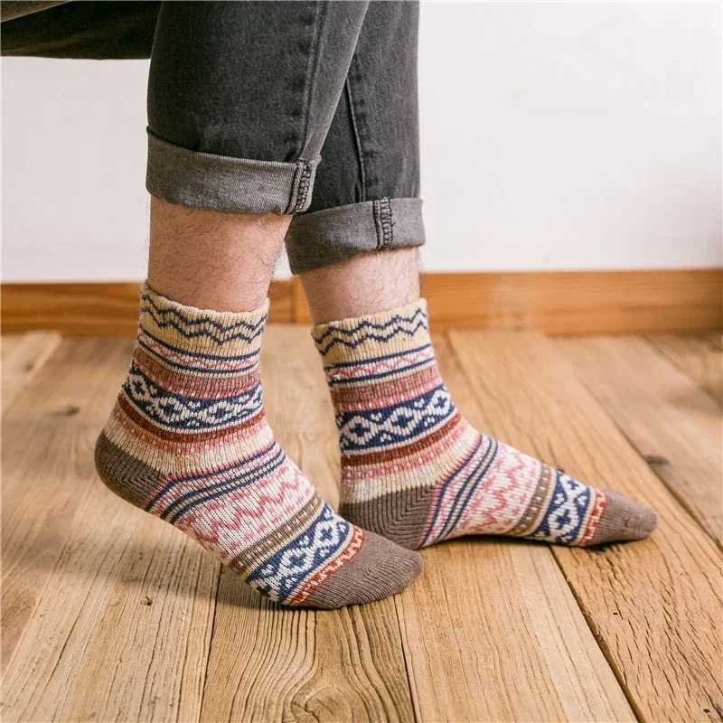 Geometric Striped Thicken Wool Socks for Men Warm Cashmere Novelty Funny Crew Winter Christmas Gift DropshipXJ241019