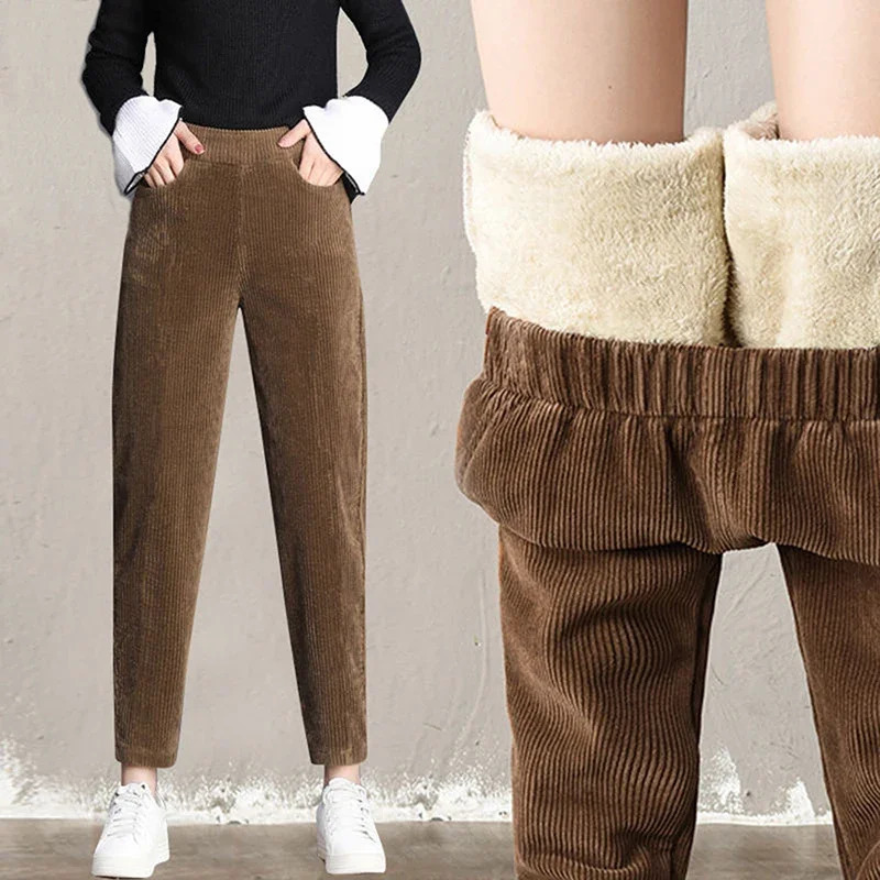 Plush Thick Casual Pant Corduroy Warm Pants Autumn Winter Leggings High Waist Harem 241007