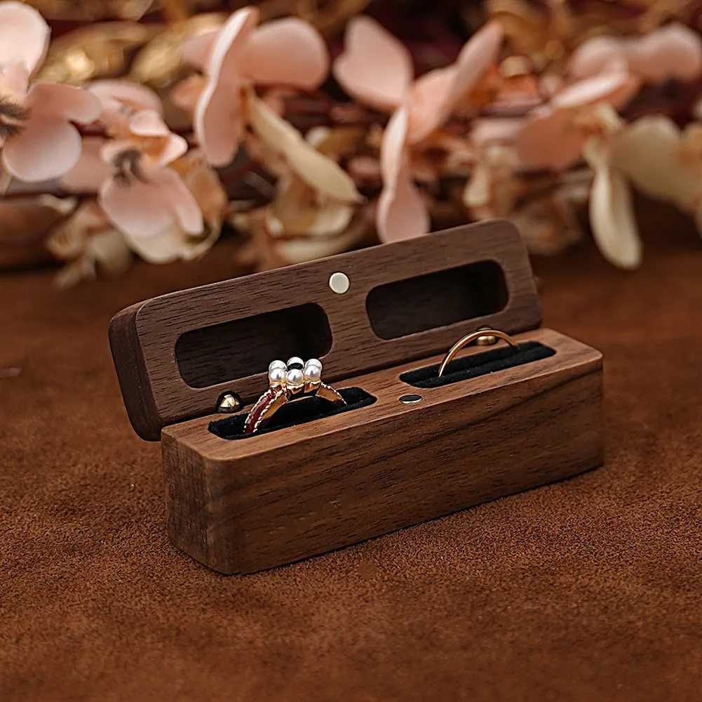 Vintage Walnut Wedding Ring Box Necklace Earring Storage Box Gift Display Packaging Small Jewelry Organizer W241019