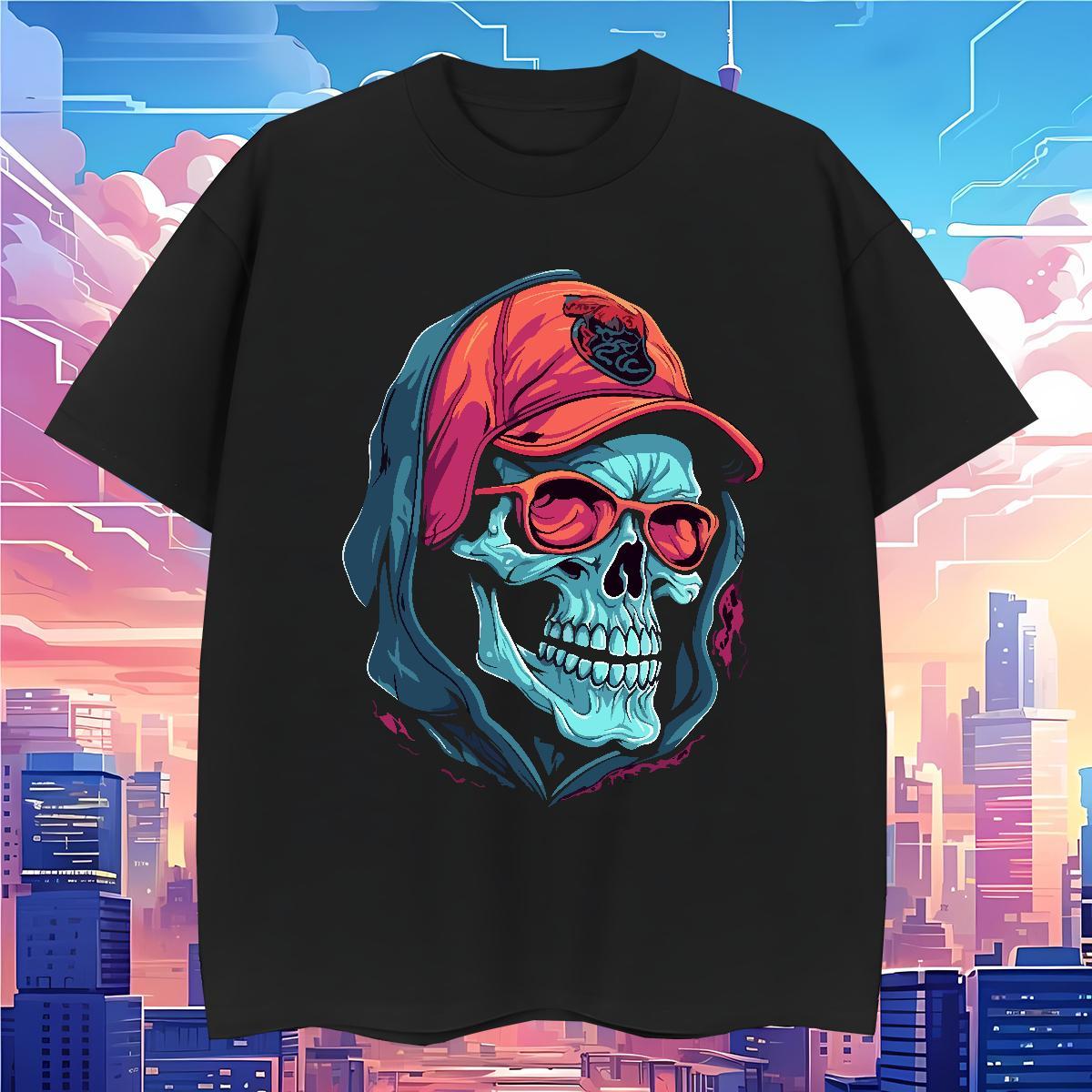 High Quality T shirt 230g 100% Cotton skull Anime Printing Street Black White Short Sleeve O-Neck Tshirt for Man Woman Stylist Tops