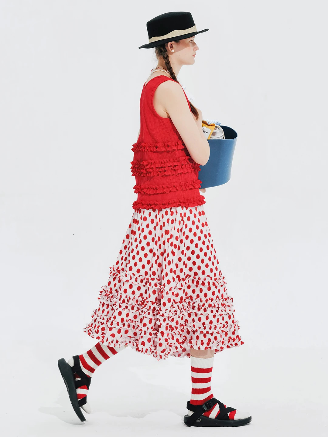 IMAKOKONI original n elastic waist polka dot lace stitching red skirt for women 244660 241019