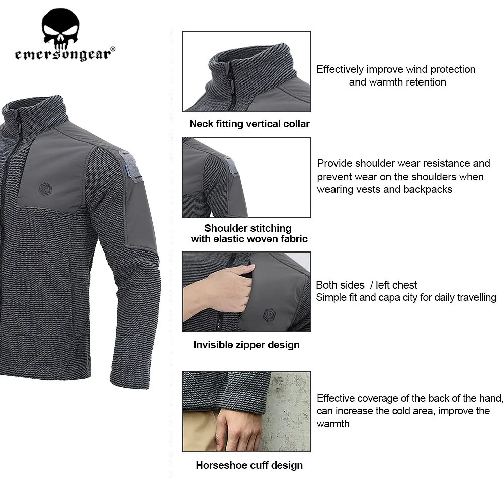 Emersongear blue label tactical suede wool jacket mens zipper windproof jacket warm hunting hiking hat jacket EMB9593 241007