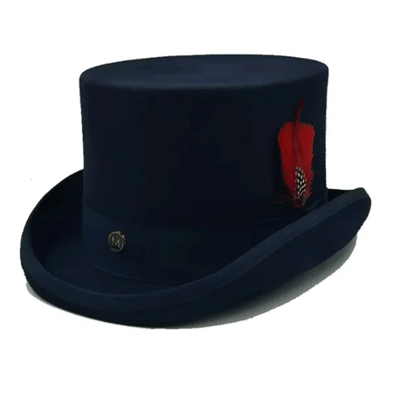 Fedoras wool feather magic high hat British black jazz top hat mens flat head hat Webbing sombrero de copa Britanico 241018
