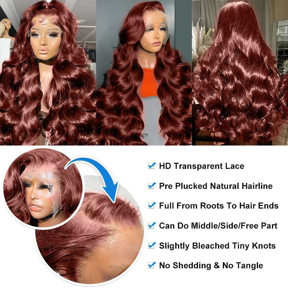 30 36 Inch Reddish Brown Body Wave 13x4 Front Human Hair Wigs Brazilian 13x6 Color HD Transparent Lace Frontal Wig For Wome