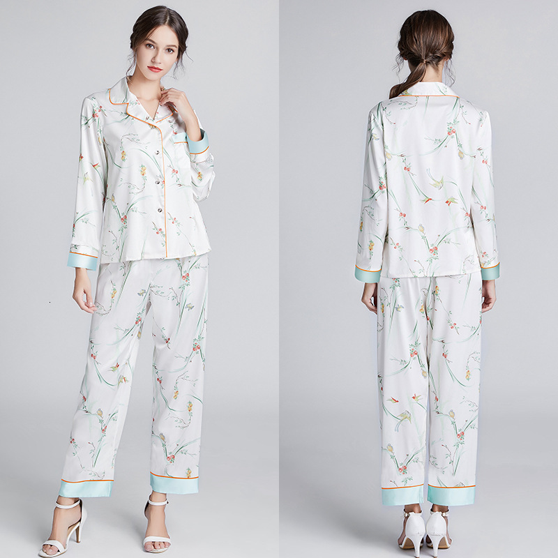 Designer's Autumn New Women's Pamas Plus Size 2-piece Set Of Imitation Silk Home Pajamas