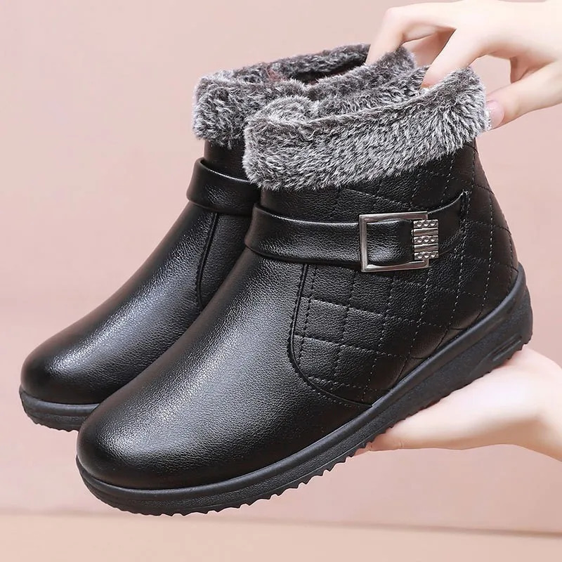 Plush shoes winter womens boots orthopedic ankle boots waterproof leather shoes womens warm wedge boots plain weave fur lined boots 241018