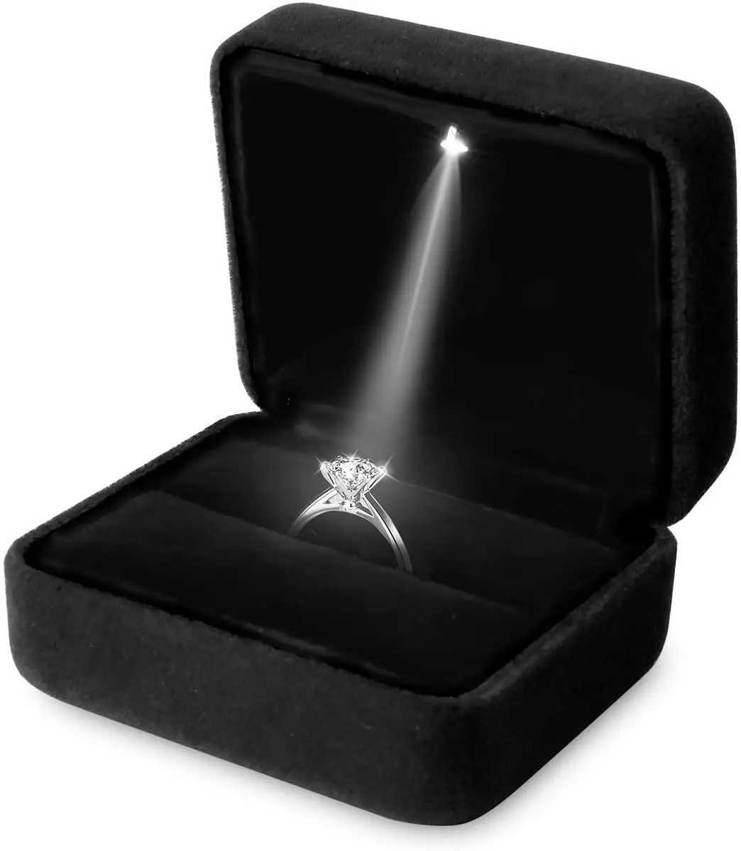 Square Velvet Ring Box LED Light Jewelry Gift Display Box Engagement and Wedding Couple Ring Box Bracket Storage Box W241019