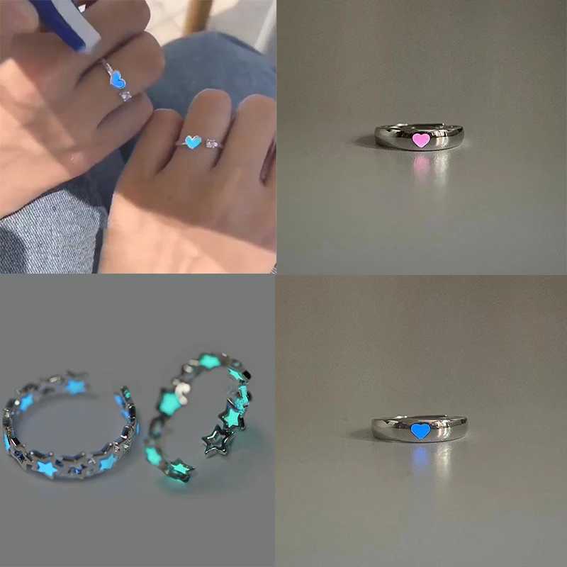 Adjustable Punk Noctilucent Cute Star Heart shaped Love Ring Couple Glowing Night Light Ring Men and Women Halloween Party Gift Y241019