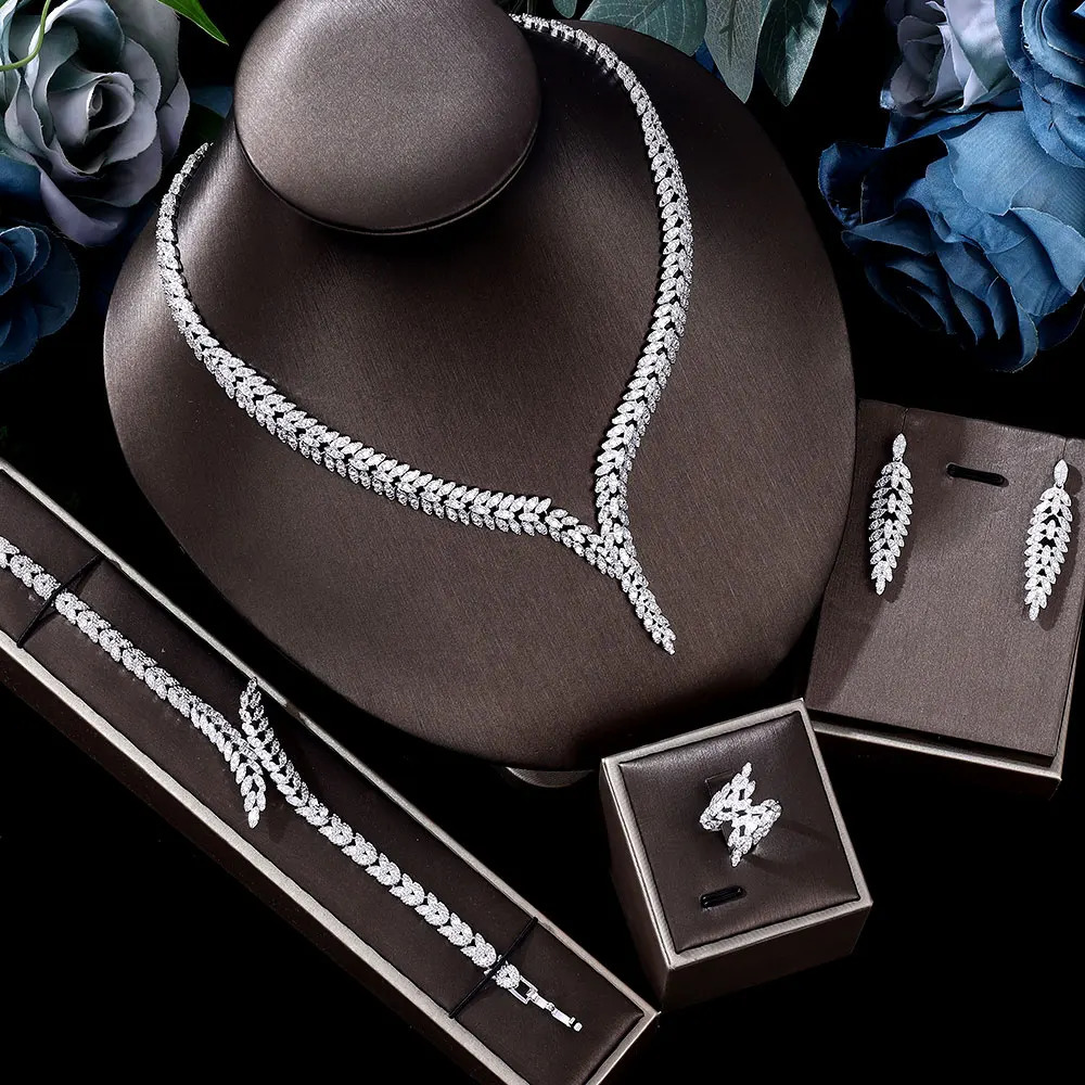 4-piece Nigeria Bridal Cube Zirconia Dubai Necklace Bracelet CZ Crystal Wedding Jewelry Set 241018
