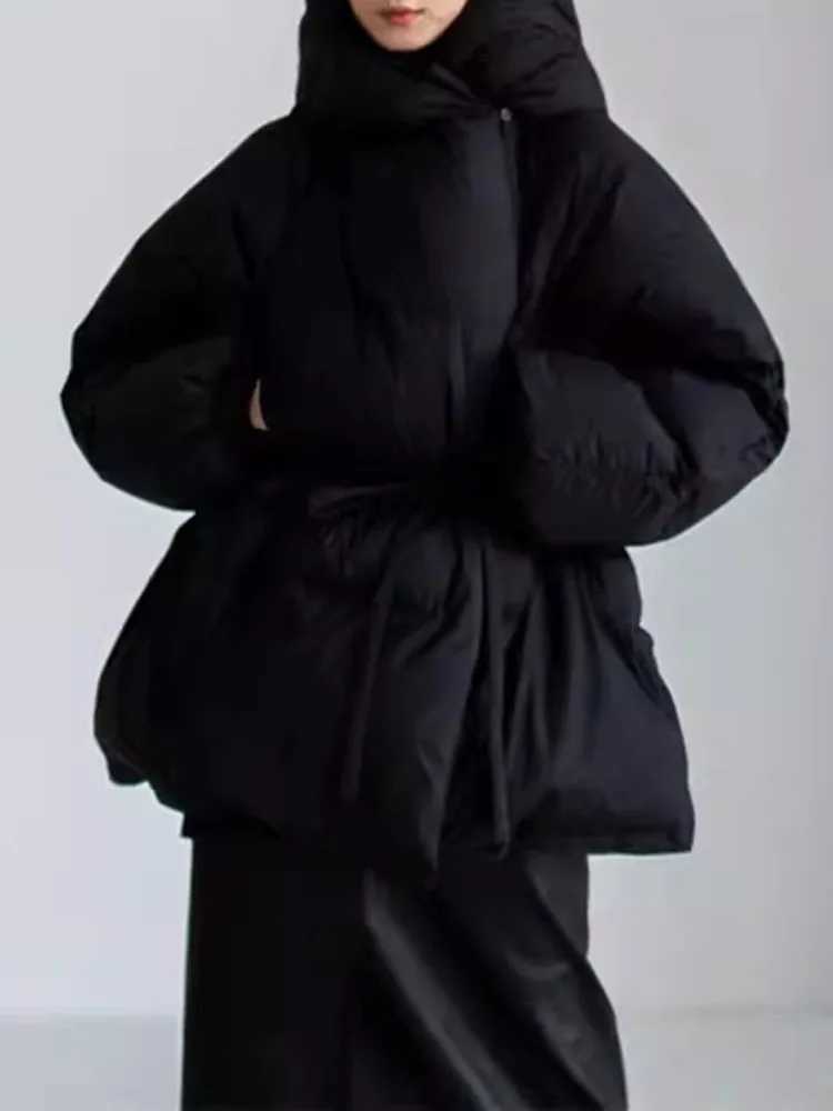 Women's Down Parkas Lanmrem high-end black winter jacket womens hooded belt gathered waist warm jacket 2024 new clothing 2AA4243 Y241019MERY