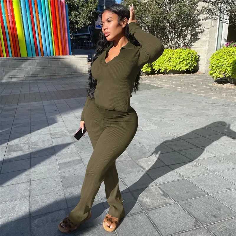 Women's Two Piece Pants Solid knit ribbed two-piece womens winter jacket warm long and wide leg pants matching set casual wear Y241019P30J