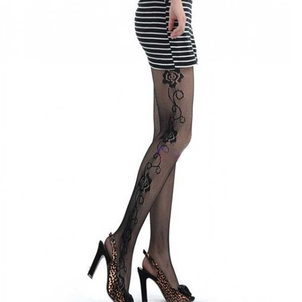 Socks Hosiery Summer Sexy Mesh Stocking Rose Side Pattern Hollow Fishnet Pantyhose Sexy Black Tights For Women Girl Y24083309UCC