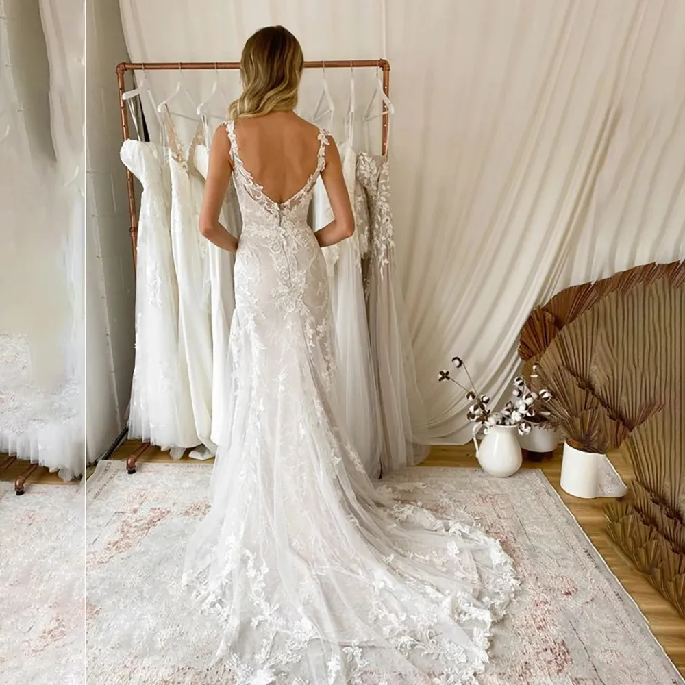 Floral V Neck Romantic Wedding Gown Custom Made Mermaid Sleeveless OpenSize Embroidered Bridal Dress Lace