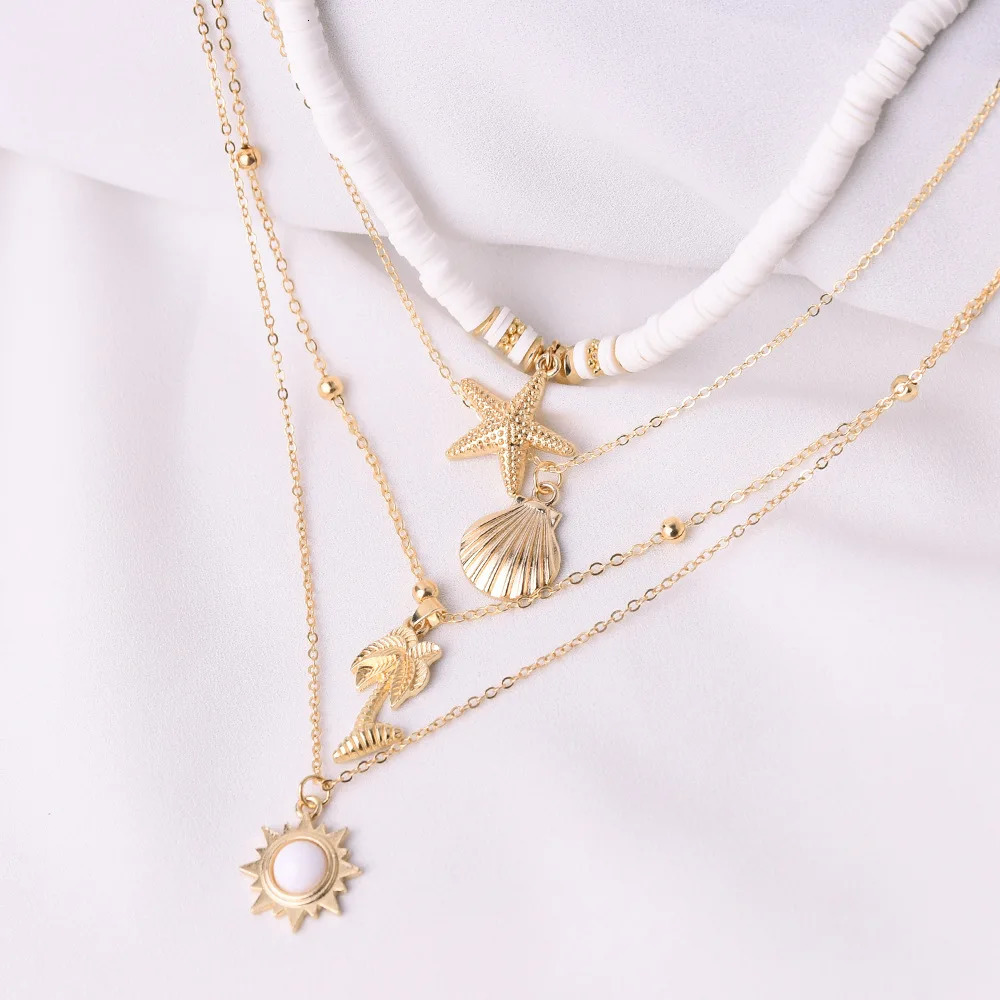 Fashion jewelry multi-layer necklace polymer clay metal starfish shell coconut pendant necklace 241018