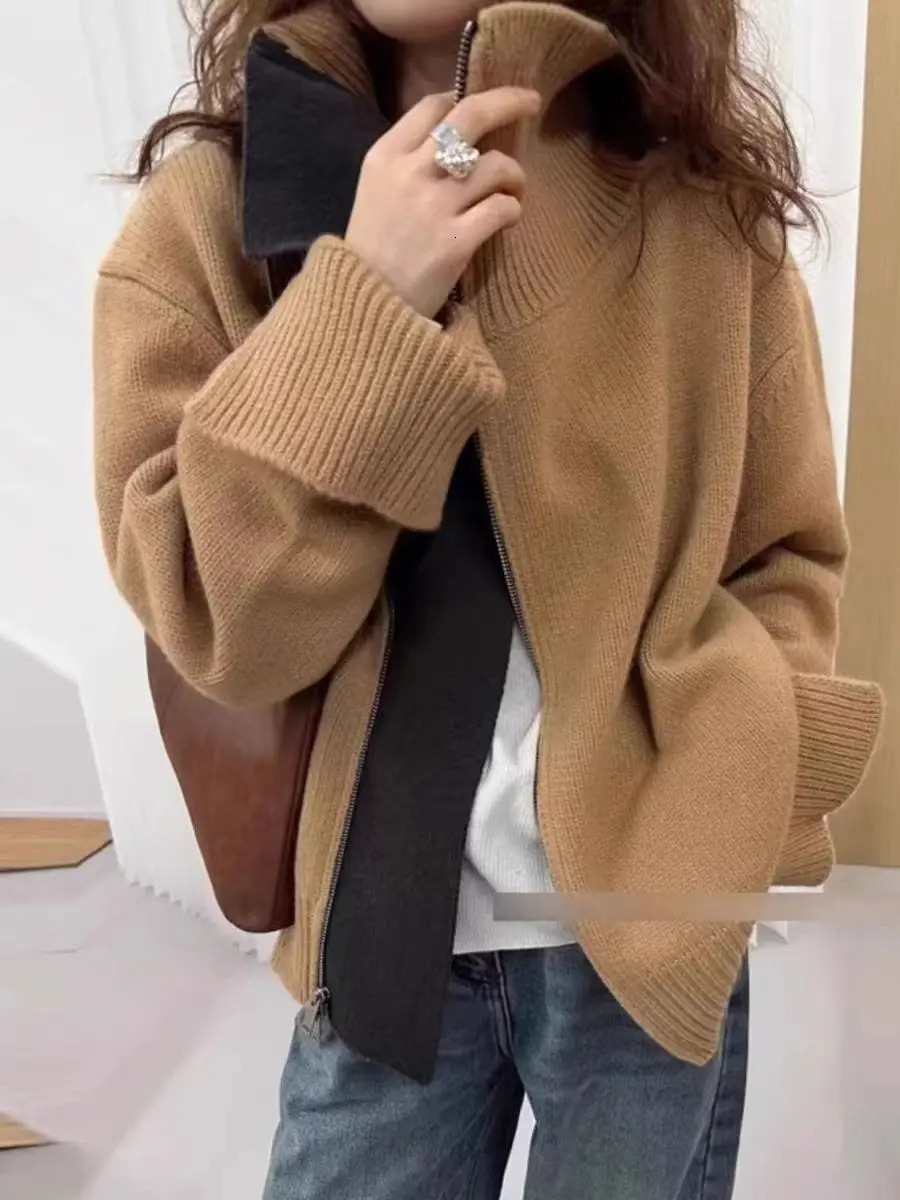 European turtleneck zipper 100% cashmere cardigan womens autumn and winter high-end loose thick wool knit sweater coat 241010