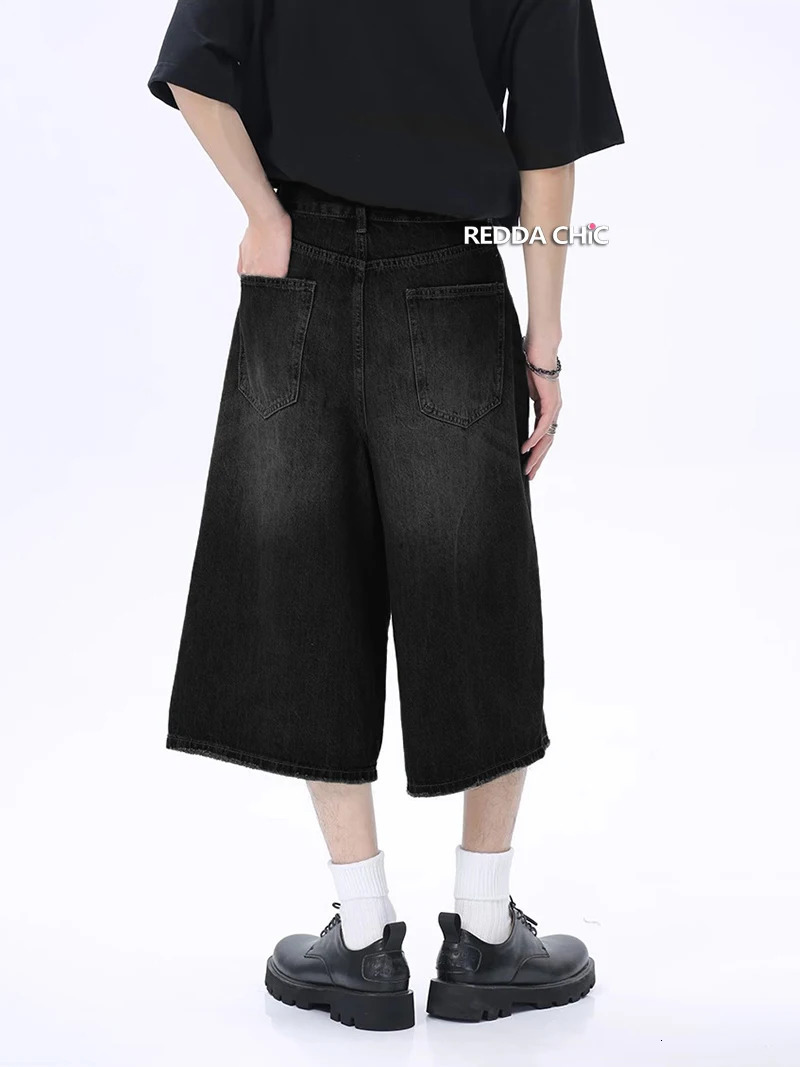ReddaChic Acubi Fashion Brushed Baggy Jorts Men Vintage Black Raw Edge Loose Casual Denim Shorts Y2k Hiphop Wide Leg Short Pants 241008