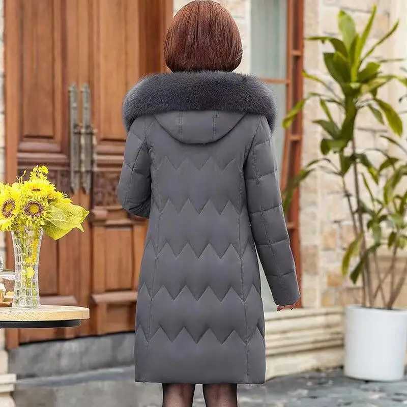 XL-5XL Middle Aged Mother Down Cotton-Padded Jacket Loose Hooded Fur Collar Coat Thicken Mid-Long Parkas Women Winter ClothesX241019