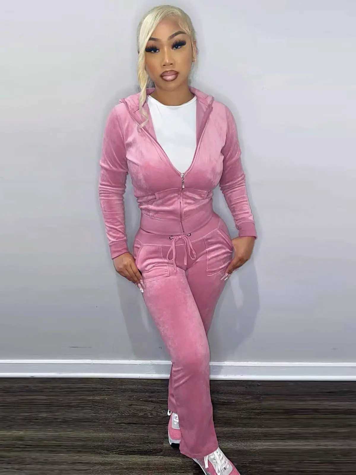 Womens Two Piece Pants Velvet tight fitting jumpsuit womens twopiece zipper hoodie topsports pants matching set lounge clothing sportswear jogging w Y