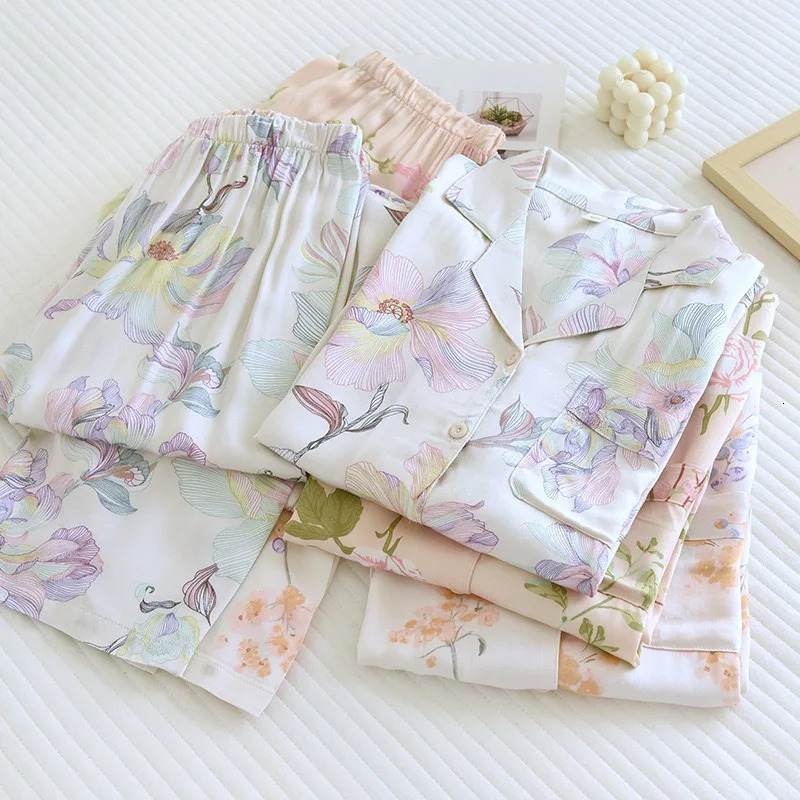 Spring/Summer Womens Pajama Set Gongsatin Cotton Womens Pajama Silk Adhesive Fiber Silk Smooth High end Home 2-piece Set 241009