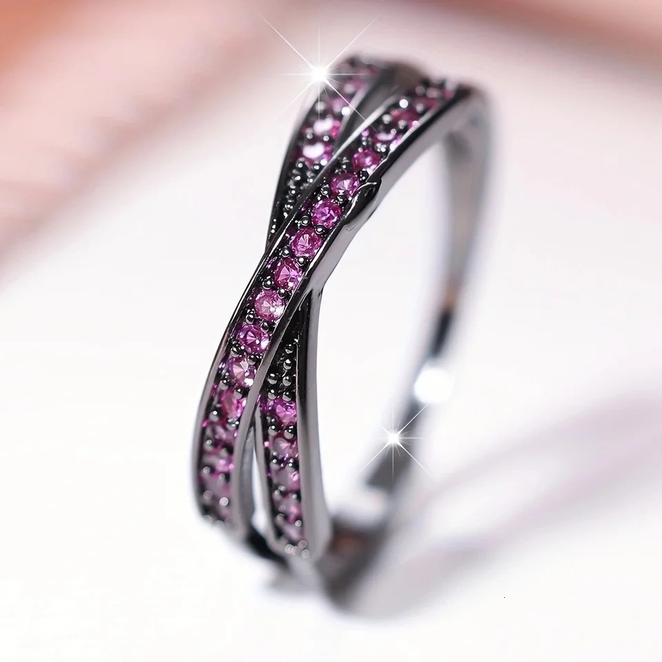 Minimalist Stacking Crossed Wedding Bands Black Gold Silver Color Blue Red Green Stone White Zircon Thin Rings For Women Jewelry 241010