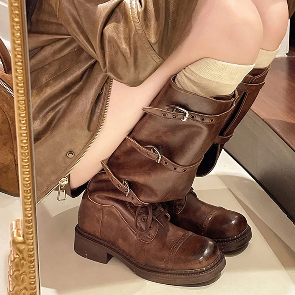 2024 Winter Punk Thick High Heel Buckle Riding Boots Cool Fashion Street Knee High Motorcycle Boots 241018