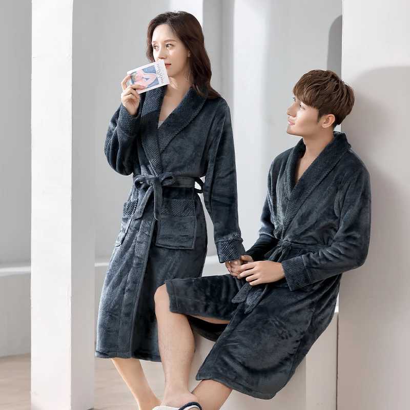 New Winter Couple Long Sleeve Thick Warm Flannel Kimono Robes for Men Coral Velvet Sleepwear Bathrobe Women Homewear Night DressXJ241018
