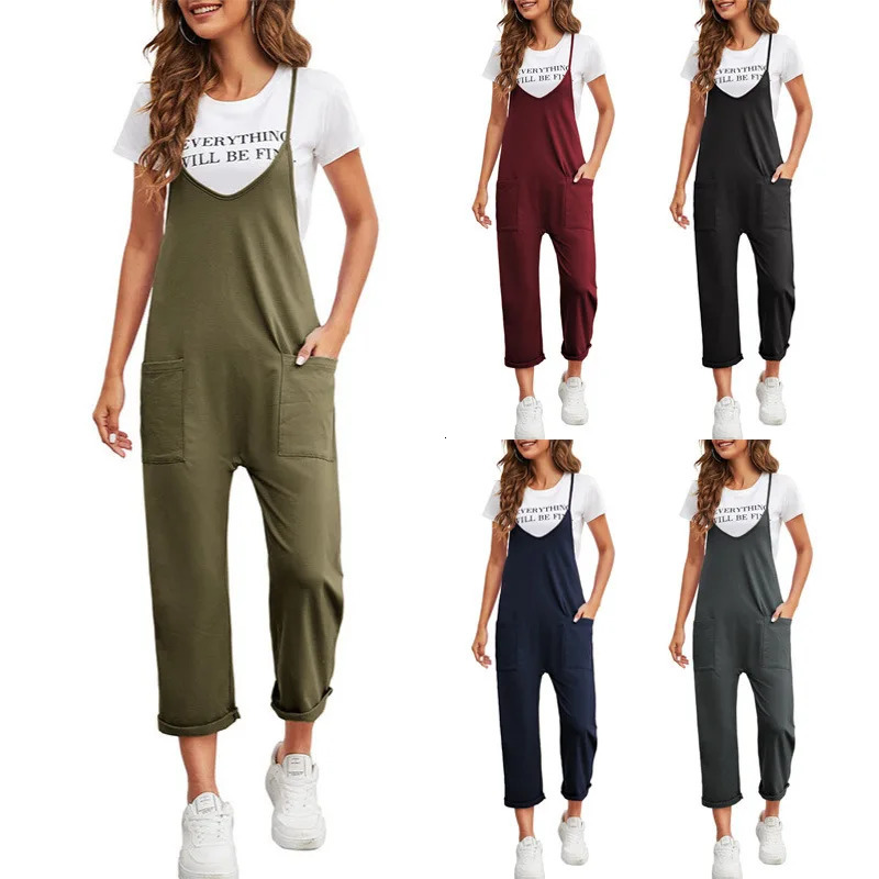2024 Spring Womens Casual Pocket Pants Solid Loose Strap Straight Jumpsuit 241007
