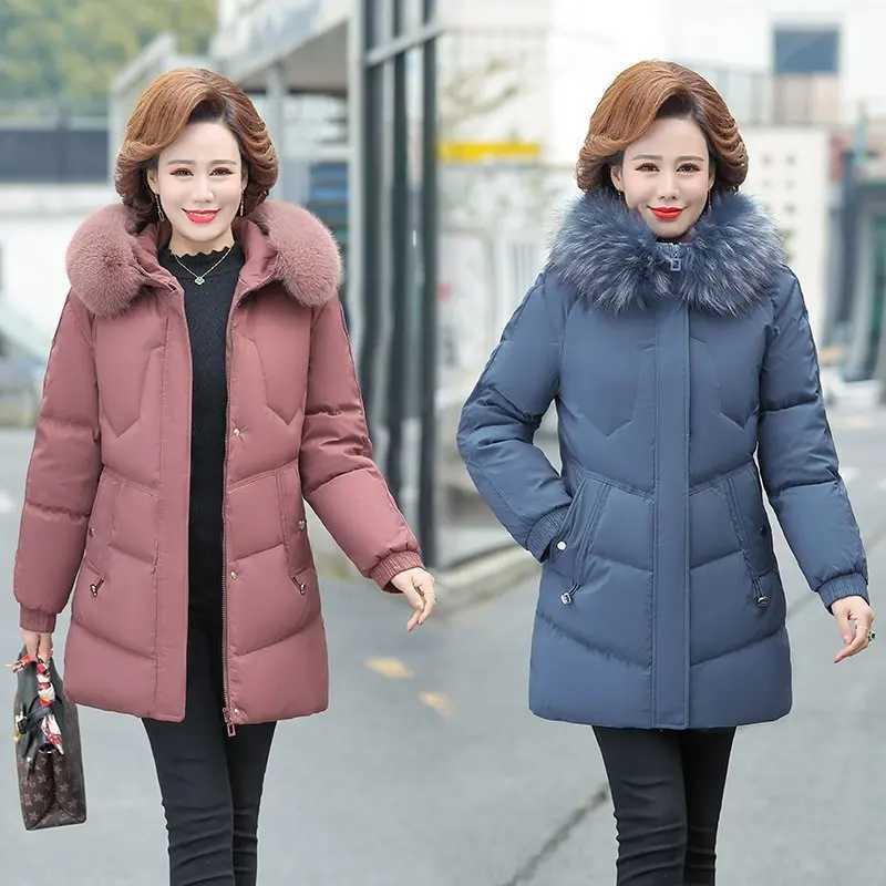 Middle-aged Womens Parkas Faux fur collar Jackets Winter Plus Velvet Lamb Hooded Coats Cotton Jacket Womens Mama OvercoatX241019