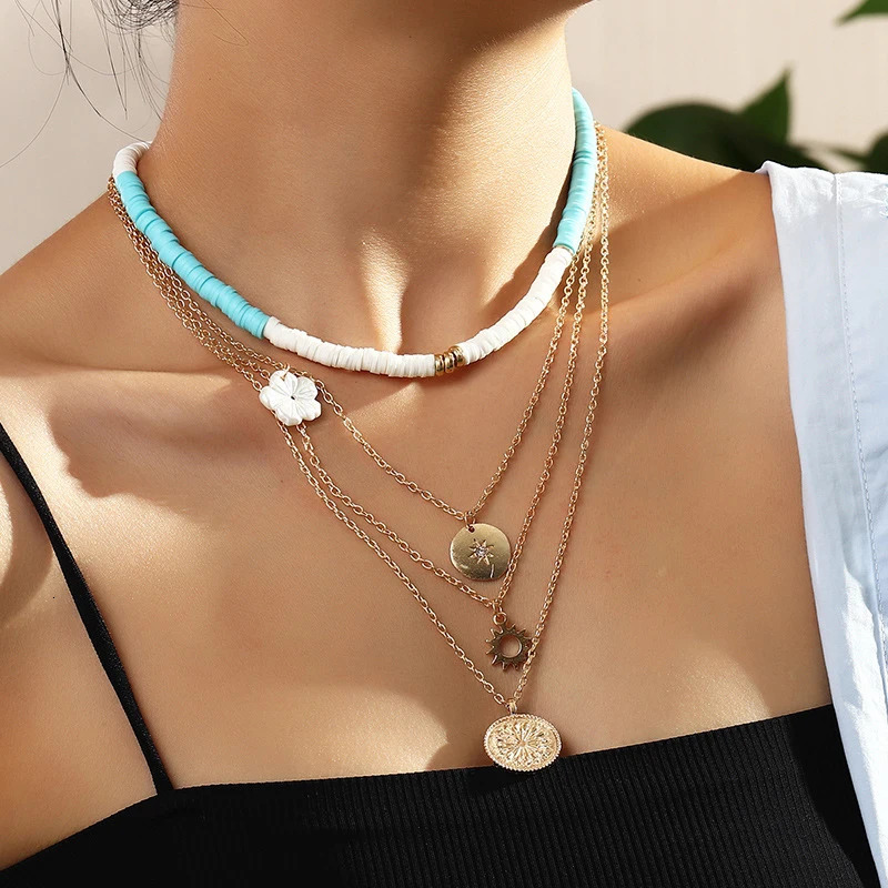 Bohemian Multi layer Pendant Polymer Clay Necklace Womens Fashion Gold Geometric Charm Necklace Jewelry Wholesale 241018