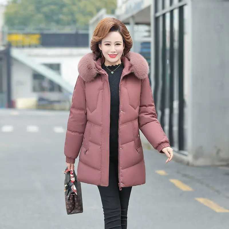 Middle-aged Womens Parkas Faux fur collar Jackets Winter Plus Velvet Lamb Hooded Coats Cotton Jacket Womens Mama OvercoatX241019