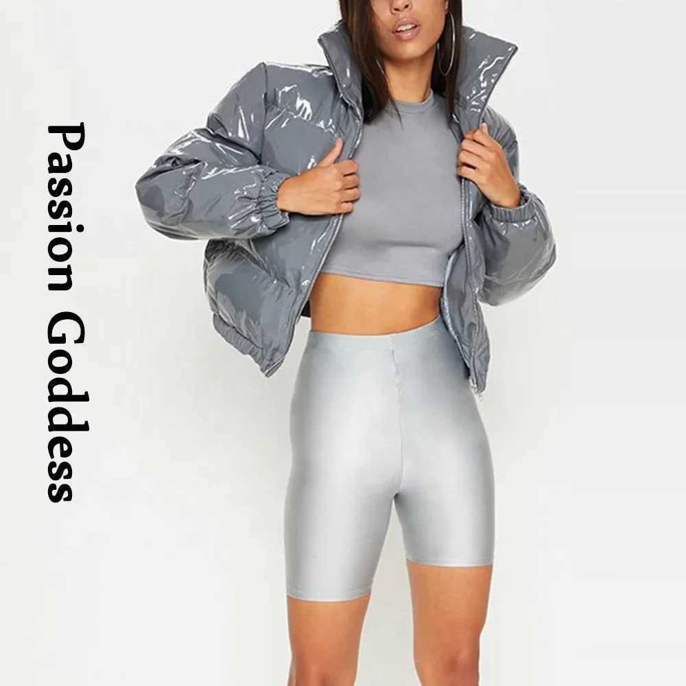 Women's Down Parkas Women Shiny Gray PU Leather Down Puffer Jackets Winter Glossy Leather Bubble Coats Thick Parkas Down Zipper Puffy Jacket Park