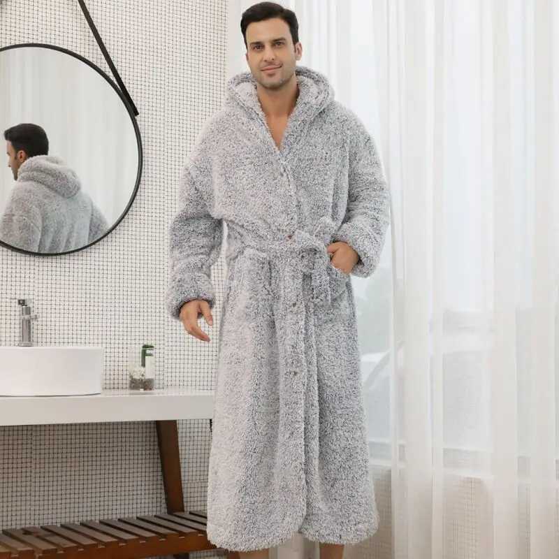 Winter Luxury Double Layer Flannel Men Robe Hooded Nightgown Thick Coral Fleece Belt Botton Super Long Loungewear Loose BathrobeXJ241018