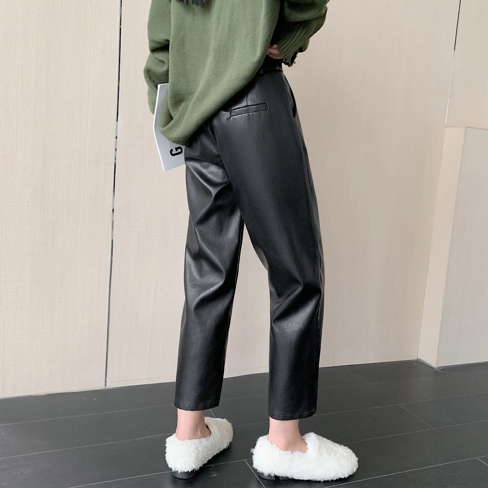 2024 Autumn Winter Leather Pant Korean Fashion High Elastic Waist Black Color Harem Trousers Female Pantalones 241009