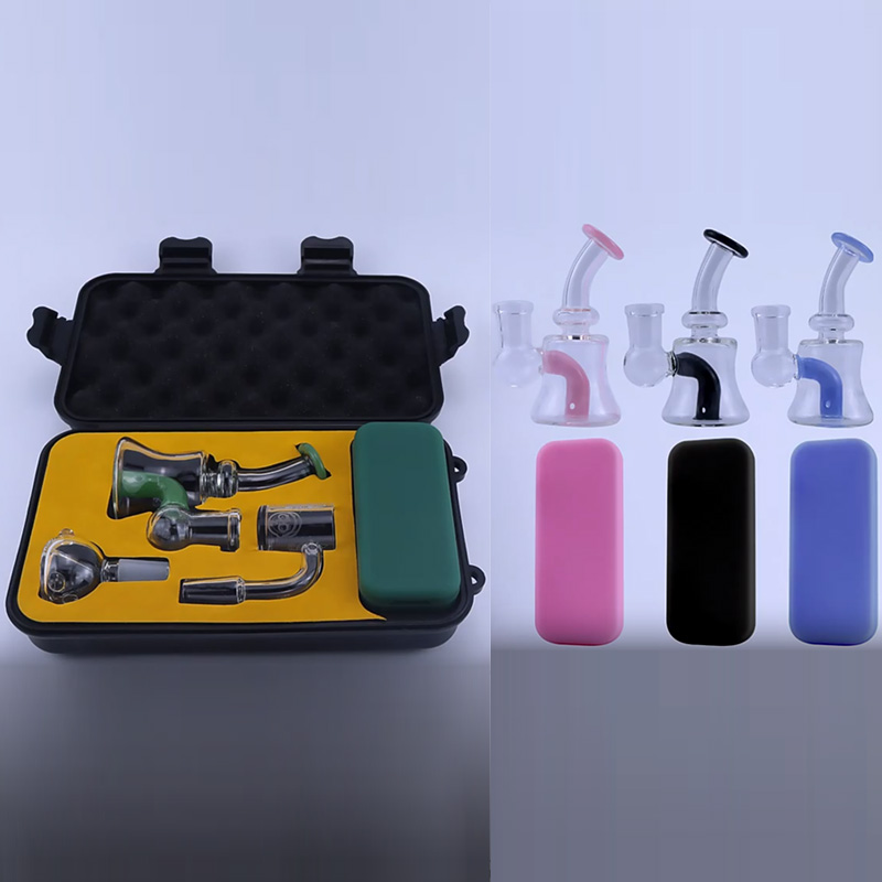 Mini Glass Bubbler Hookah Bong Kits With Oil Burner Quartz Banger 14mm Male Bowl Silicone Container Water Pipes Portable Set 4 Colors