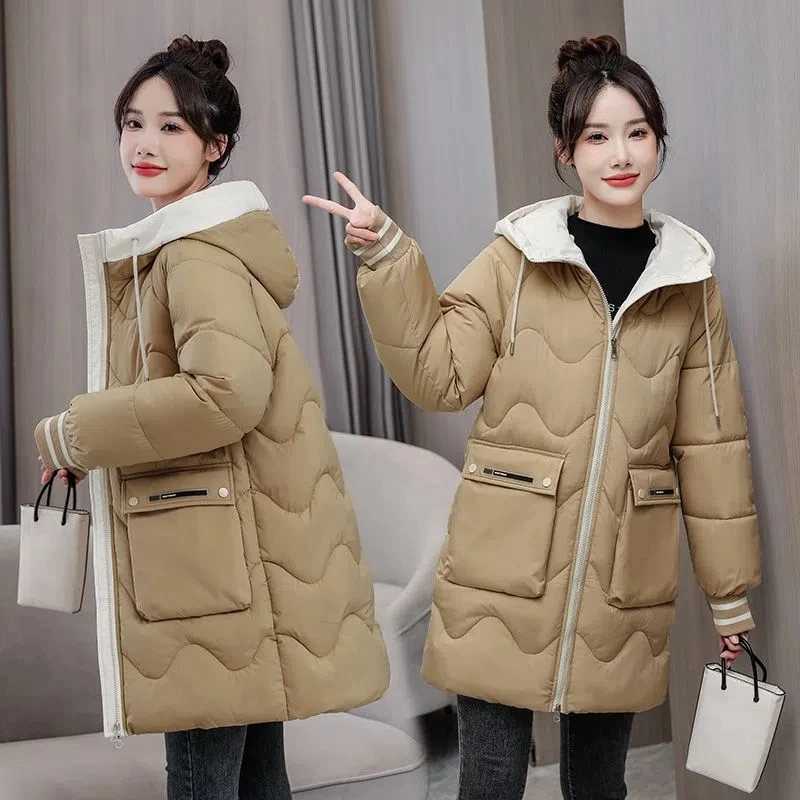 Winter Thicken Coat 2023 New Korean Female Splicing Loose Down Cotton Hooded Jacket Warm Long Parkas Casual Womens Basic CoatsX241019