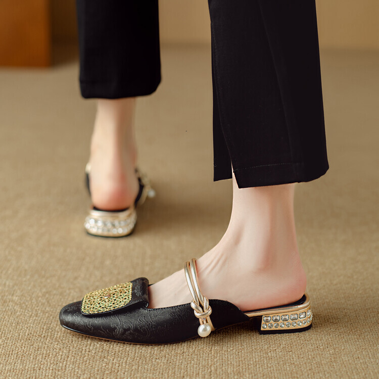 Xiaoxiangfeng Chinese Style Thick Heeled Half Slippers Women In Summer Fashion Shallow Mouth Versatile Square Heel Back Empty Single Sandals For Ddmyw
