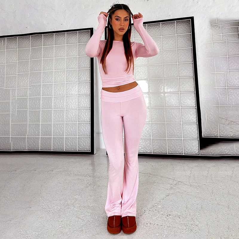 Women's Two Piece Pants CUTENOVA Womens Spring Casual 2-piece Set Long Sleve Crew Neck Crop Top Low Waist Flare Pants Casual Set Y2410198I92