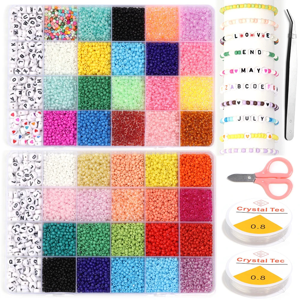 24 mesh glass beads letter bead set for jewelry making DIY bracelet earring bead set with rope Czech charm glass bead set 241018