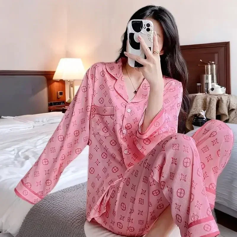 Pajamas womens clothing set spring thin ice silk cardigan home soft comfortable simple relaxing tight fitting warm and sweet 241009