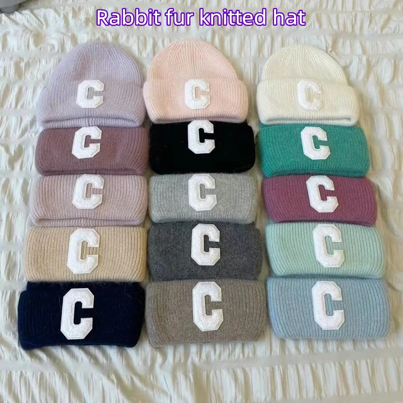 Angora Rabbit Fur Pullover Hat for Women Simple C Letter Beanie Winter Warm Girls Knitted Hedging Cap 241007