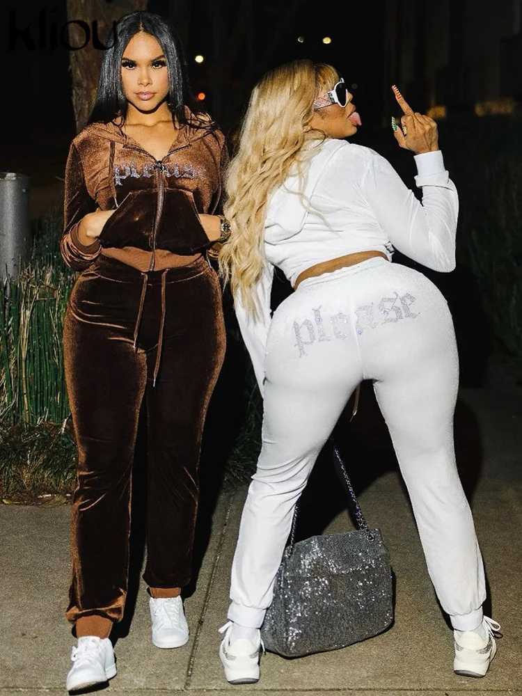Women's Two Piece Pants Kliou Winter Womens Fold 2-piece Casual Letter Diamond Patch Work Hoodie+Elastic Solid Pants Womens Matching Set Y241019I